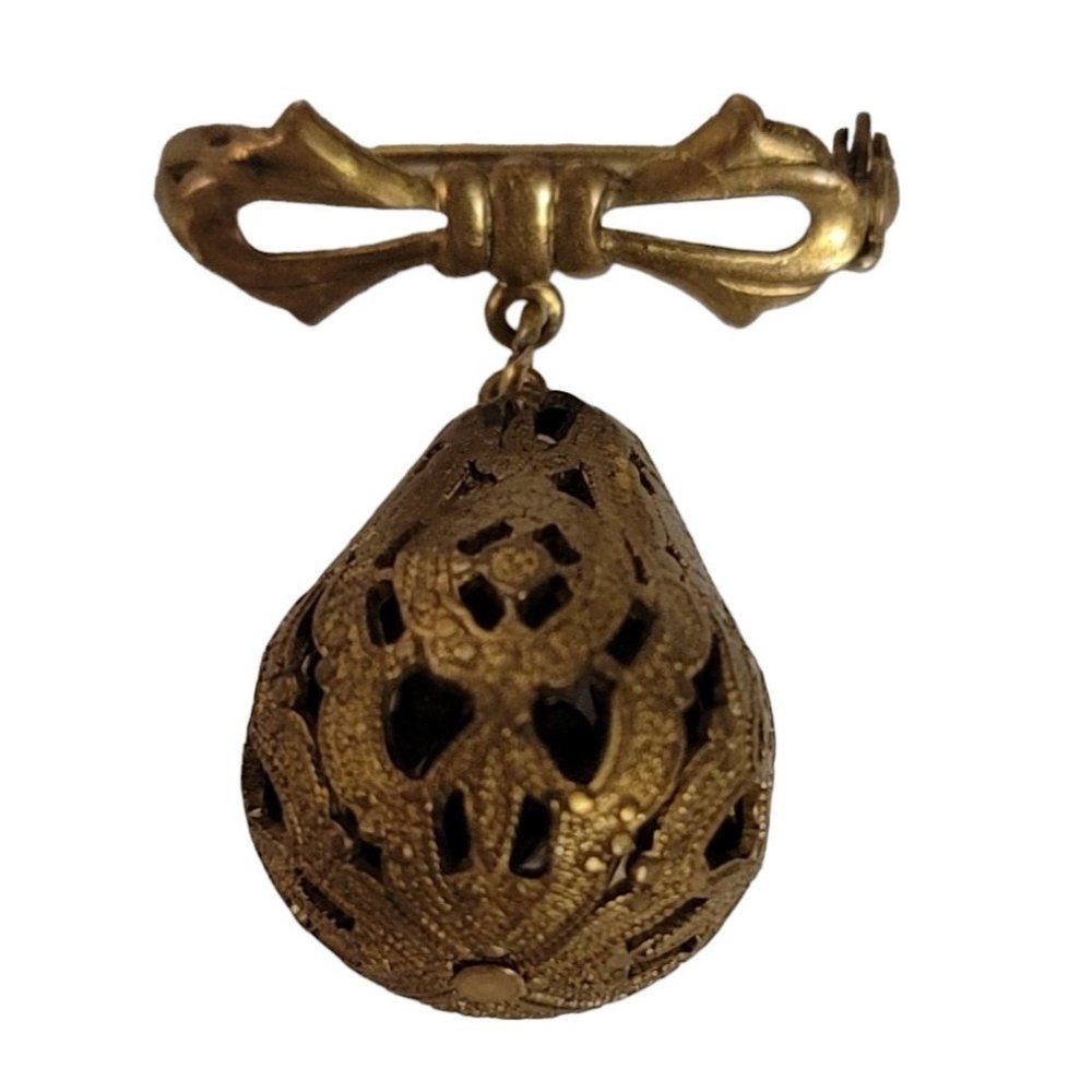 Gold Tone Filigree Pear Shaped Ball Dangle Bow Bar Pin E33